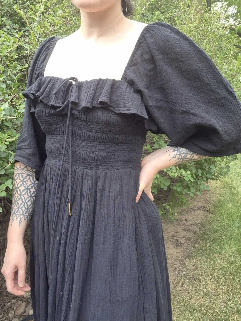 Free People Oasis Midi Dress in Black Cotton, Size M
